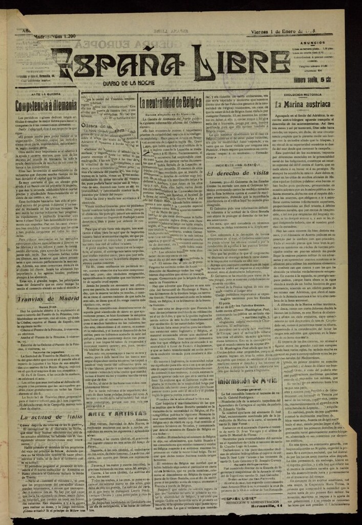 Miniatura de España Libre : Diario de la noche del 1 de enero de 1915, nº 1200