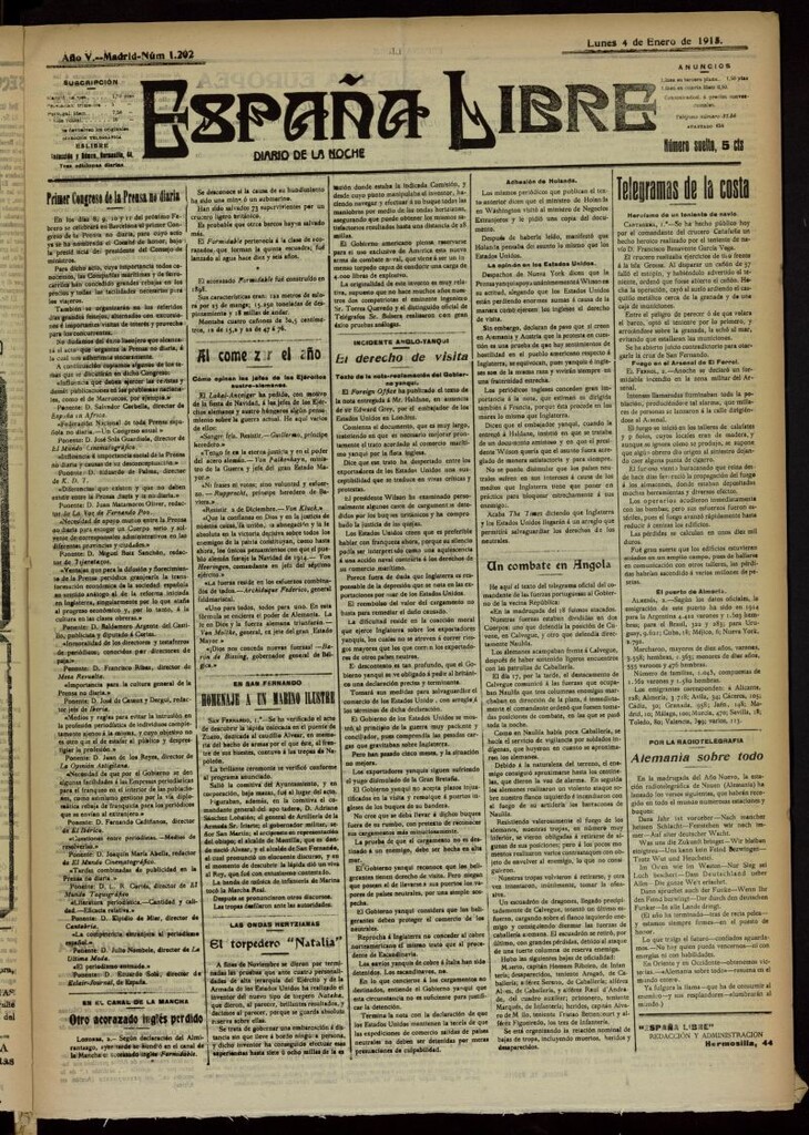 Miniatura de España Libre : Diario de la noche del 4 de enero de 1915, nº 1202