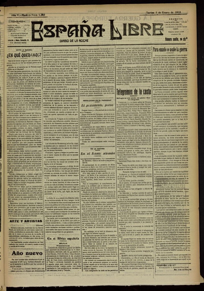 Miniatura de España Libre : Diario de la noche del 5 de enero de 1915, nº 1203