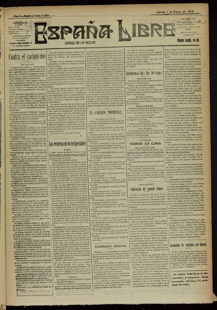 Miniatura de España Libre : Diario de la noche del 7 de enero de 1915, nº 1204