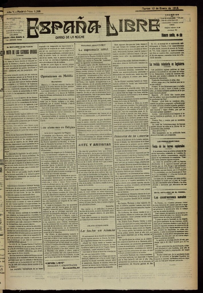Miniatura de España Libre : Diario de la noche del 12 de enero de 1915, nº 1208