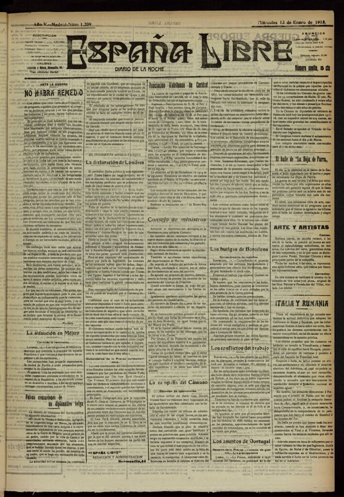 Miniatura de España Libre : Diario de la noche del 13 de enero de 1915, nº 1209