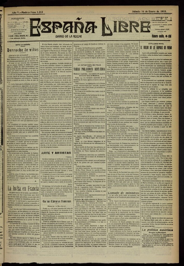 Miniatura de España Libre : Diario de la noche del 16 de enero de 1915, nº 1212