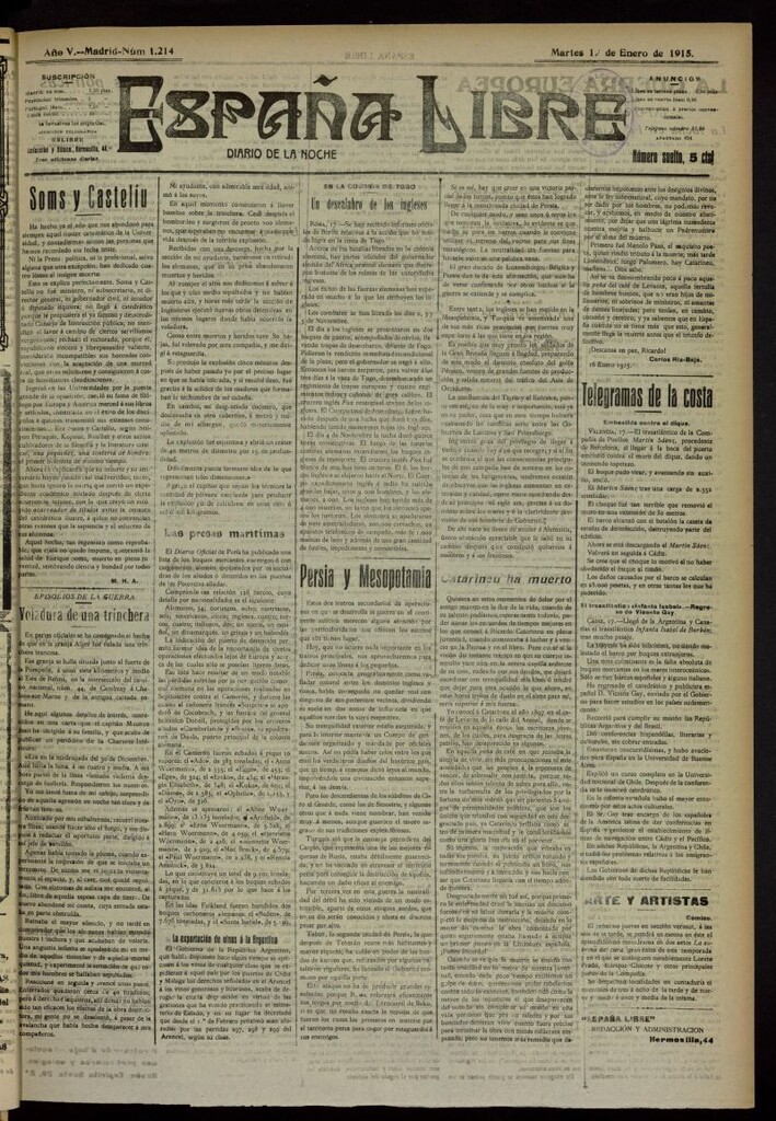 Miniatura de España Libre : Diario de la noche del 19 de enero de 1915, nº 1214