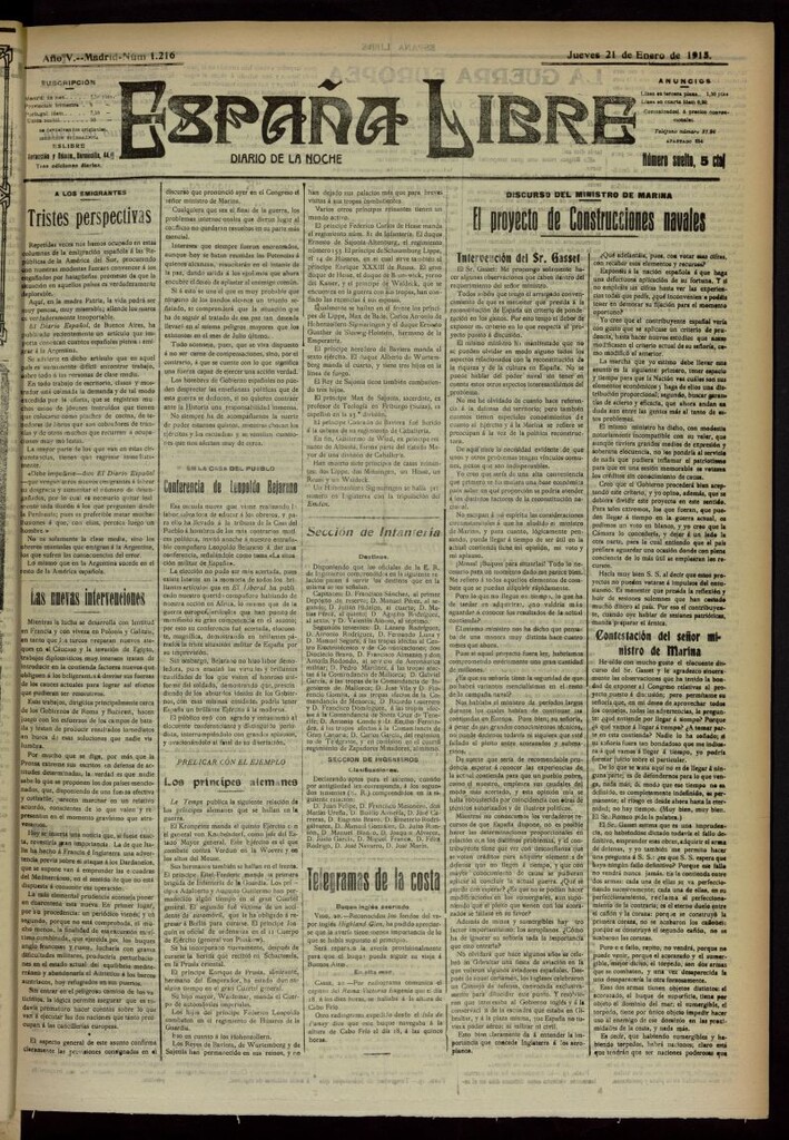 Miniatura de España Libre : Diario de la noche del 21 de enero de 1915, nº 1216