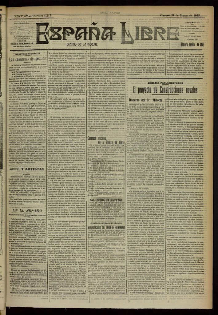 Miniatura de España Libre : Diario de la noche del 22 de enero de 1915, nº 1217