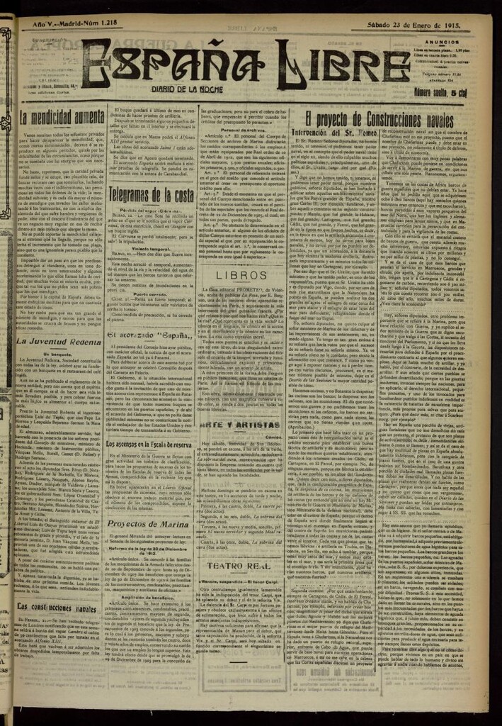 Miniatura de España Libre : Diario de la noche del 23 de enero de 1915, nº 1218