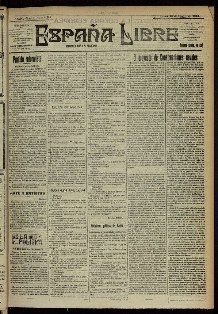 Miniatura de España Libre : Diario de la noche del 25 de enero de 1915, nº 1219
