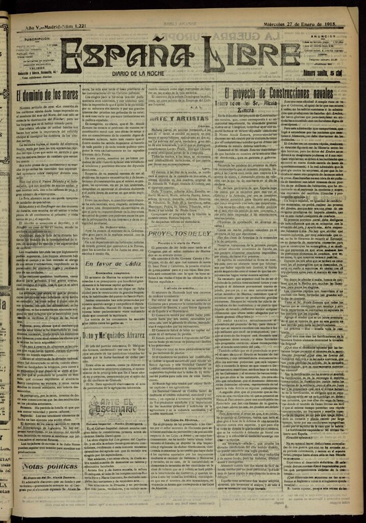 Miniatura de España Libre : Diario de la noche del 27 de enero de 1915, nº 1221
