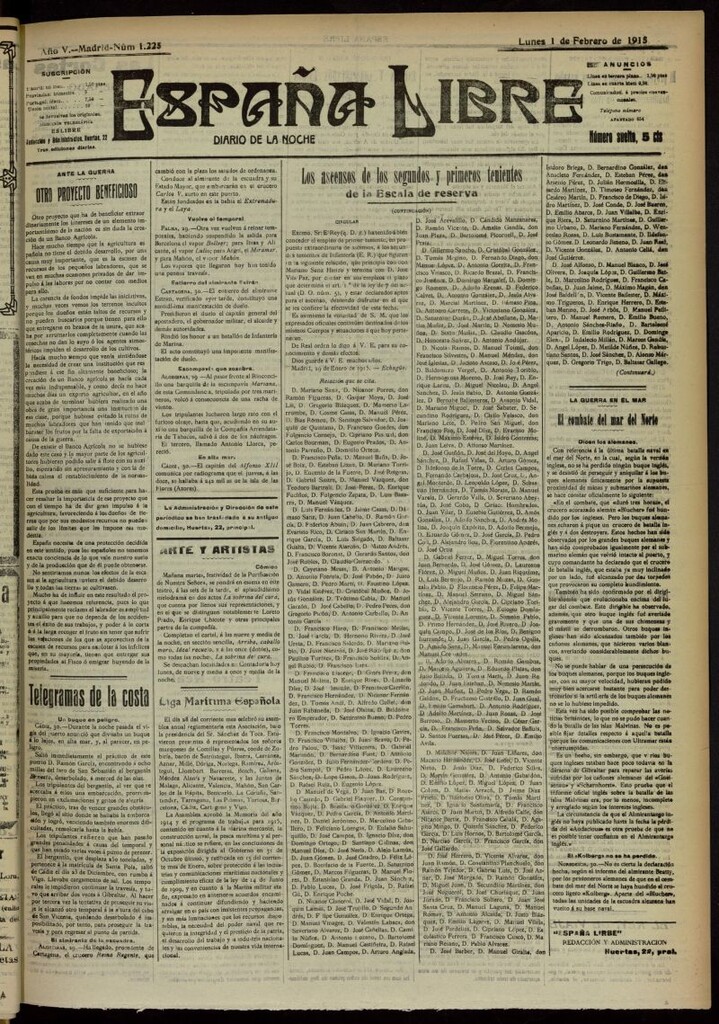 Miniatura de España Libre : Diario de la noche del 1 de febrero de 1915, nº 1225