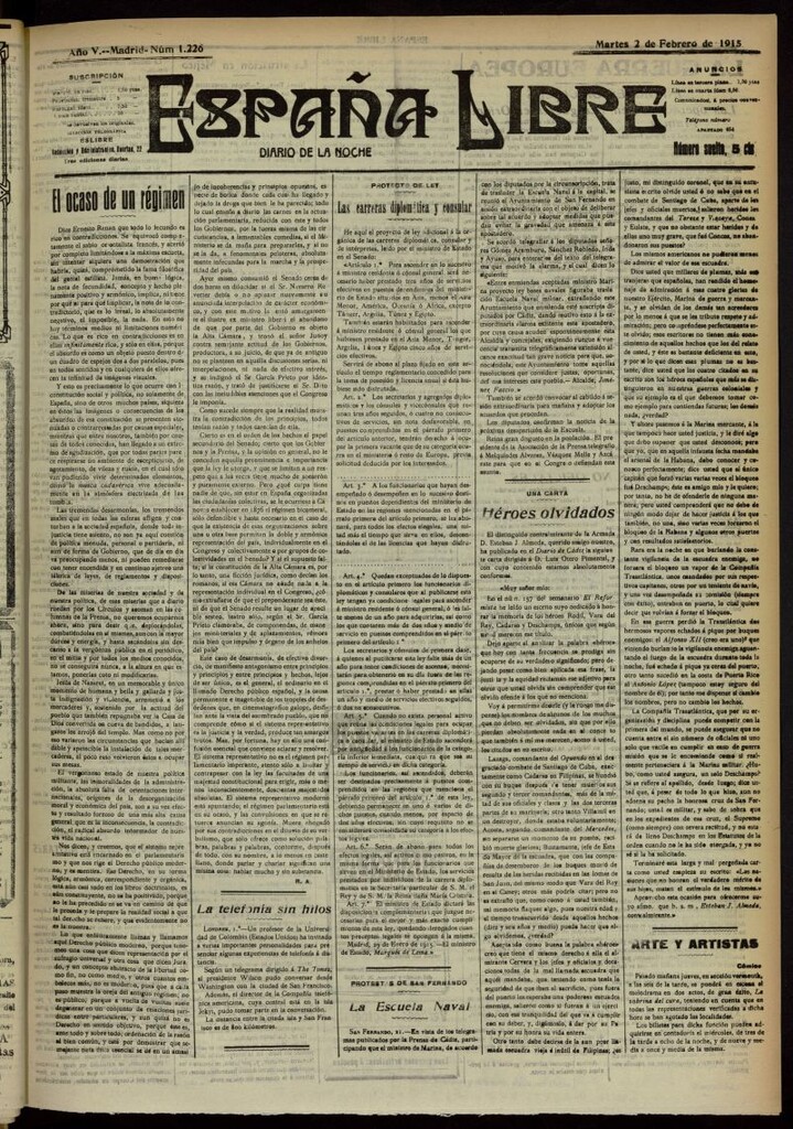 Miniatura de España Libre : Diario de la noche del 2 de febrero de 1915, nº 1226