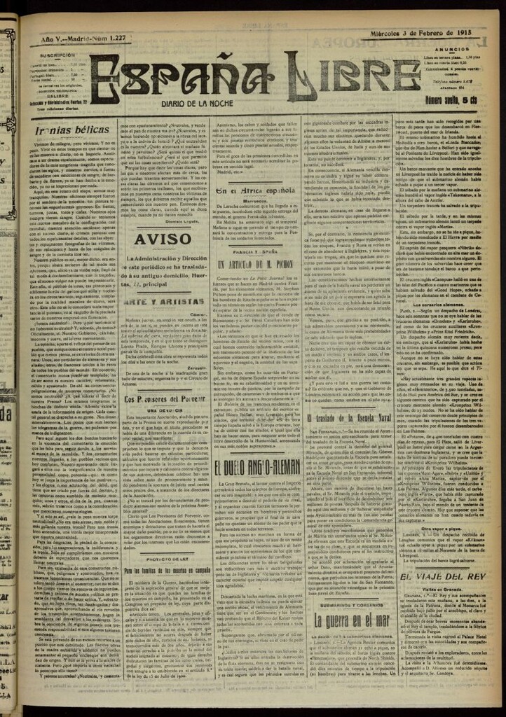 Miniatura de España Libre : Diario de la noche del 3 de febrero de 1915, nº 1227
