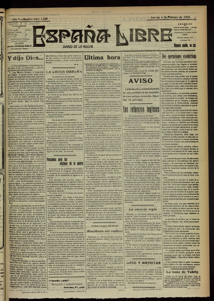 Miniatura de España Libre : Diario de la noche del 4 de febrero de 1915, nº 1228