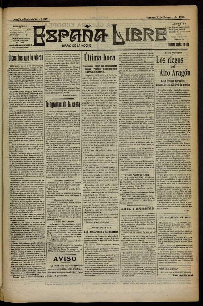 Miniatura de España Libre : Diario de la noche del 5 de febrero de 1915, nº 1229