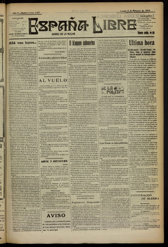 Miniatura de España Libre : Diario de la noche del 8 de febrero de 1915, nº 1231