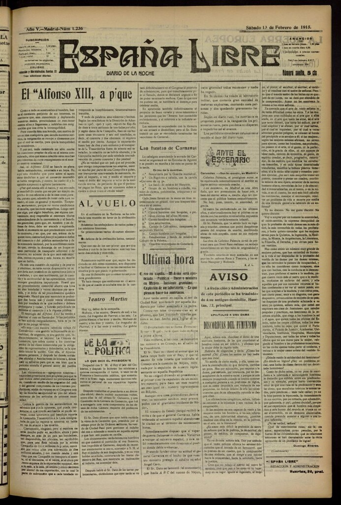 Miniatura de España Libre : Diario de la noche del 13 de febrero de 1915, nº 1236