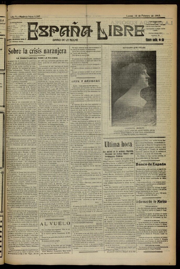 Miniatura de España Libre : Diario de la noche del 15 de febrero de 1915, nº 1237