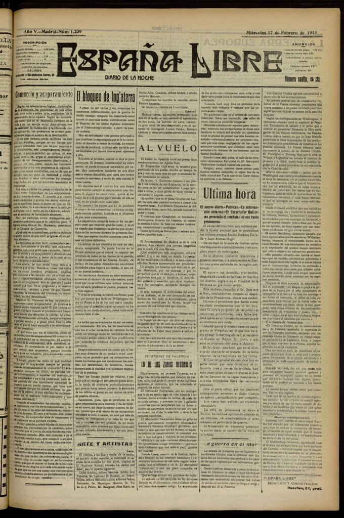 Miniatura de España Libre : Diario de la noche del 17 de febrero de 1915, nº 1239