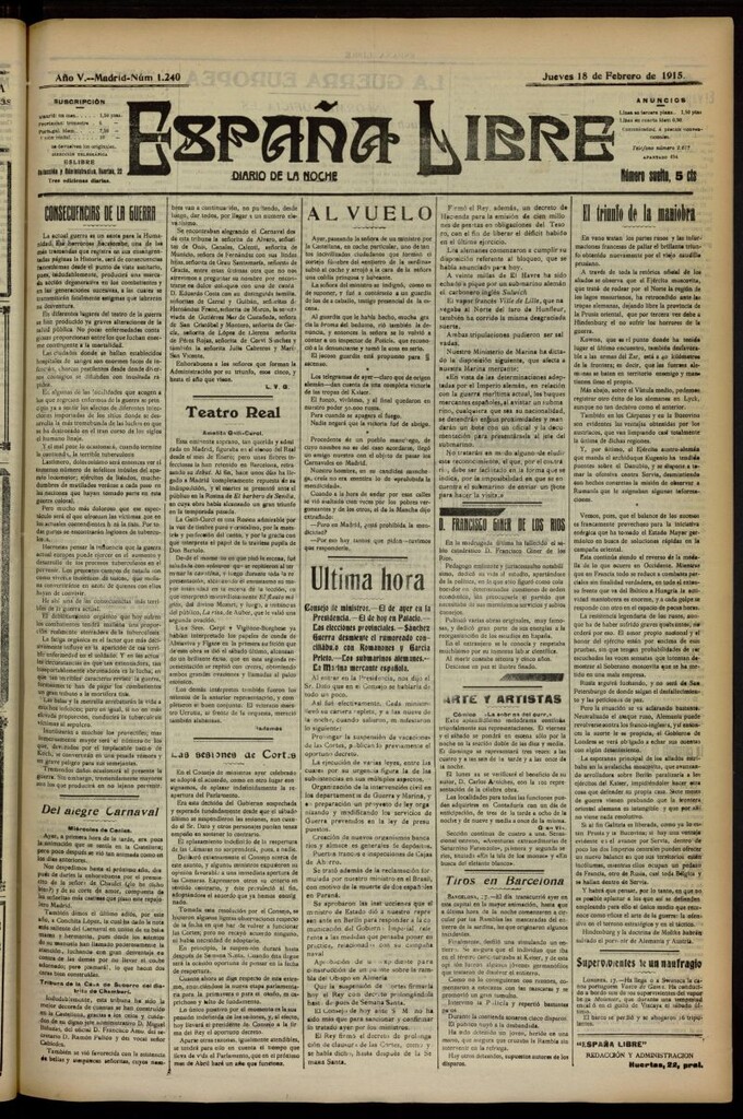 Miniatura de España Libre : Diario de la noche del 18 de febrero de 1915, nº 1240