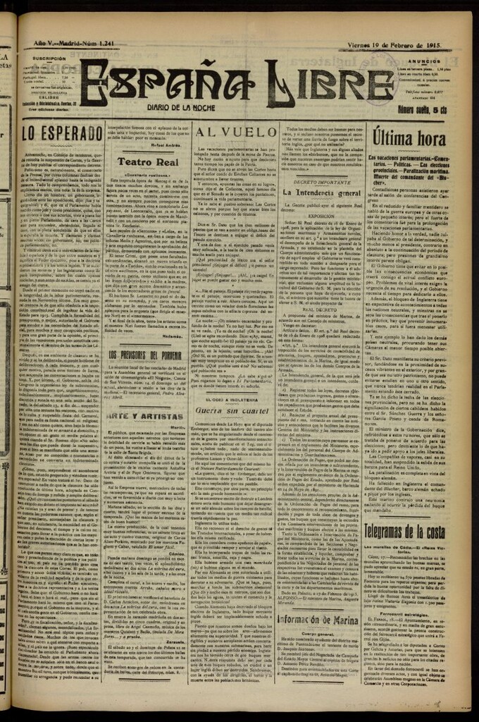 Miniatura de España Libre : Diario de la noche del 19 de febrero de 1915, nº 1241
