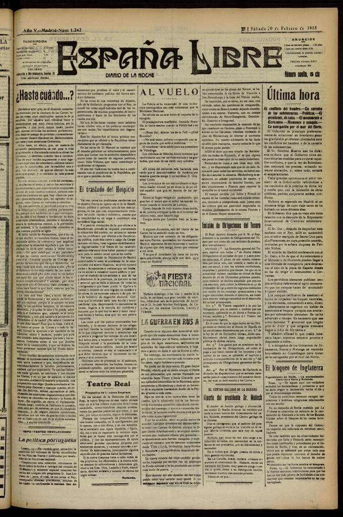 Miniatura de España Libre : Diario de la noche del 20 de febrero de 1915, nº 1242