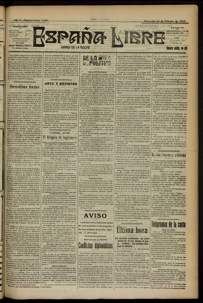 Miniatura de España Libre : Diario de la noche del 24 de febrero de 1915, nº 1245