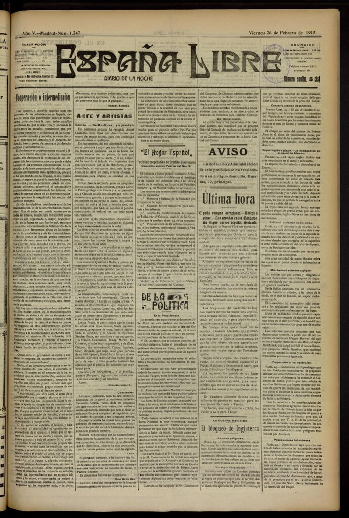 Miniatura de España Libre : Diario de la noche del 26 de febrero de 1915, nº 1247