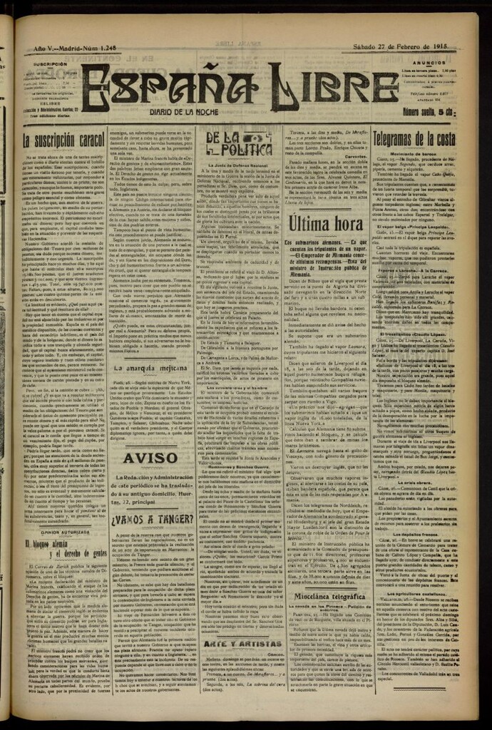 Miniatura de España Libre : Diario de la noche del 27 de febrero de 1915, nº 1248