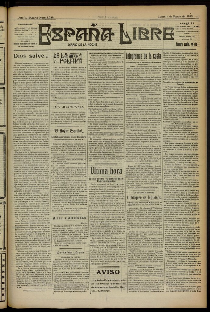 Miniatura de España Libre : Diario de la noche del 1 de marzo de 1915, nº 1249