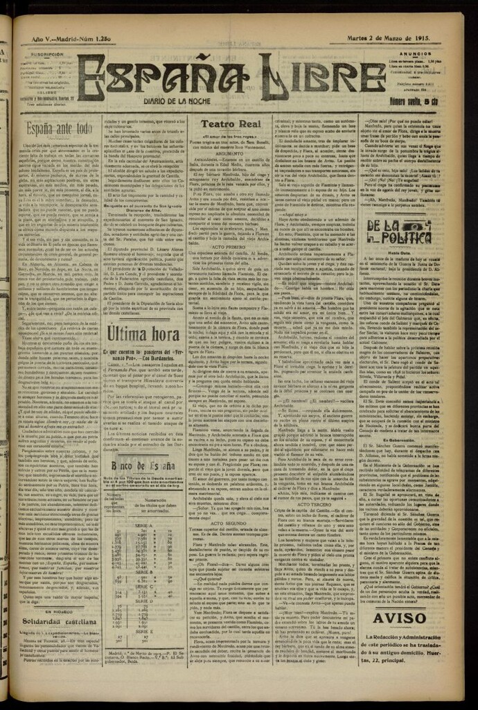 Miniatura de España Libre : Diario de la noche del 2 de marzo de 1915, nº 1250