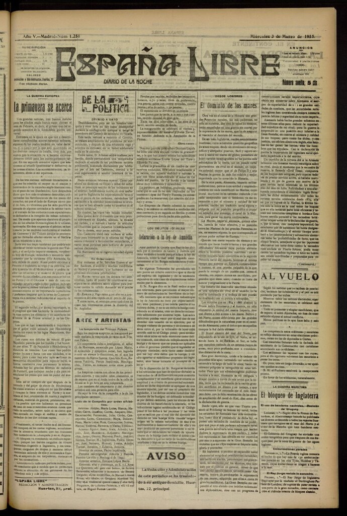 Miniatura de España Libre : Diario de la noche del 3 de marzo de 1915, nº 1251