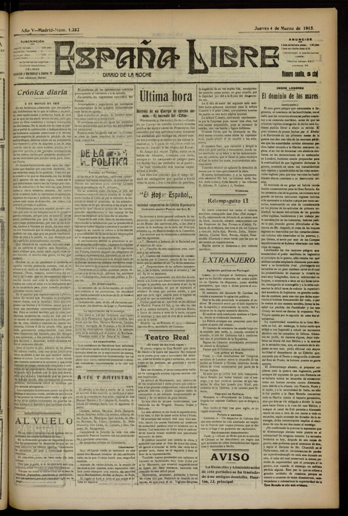 Miniatura de España Libre : Diario de la noche del 4 de marzo de 1915, nº 1252