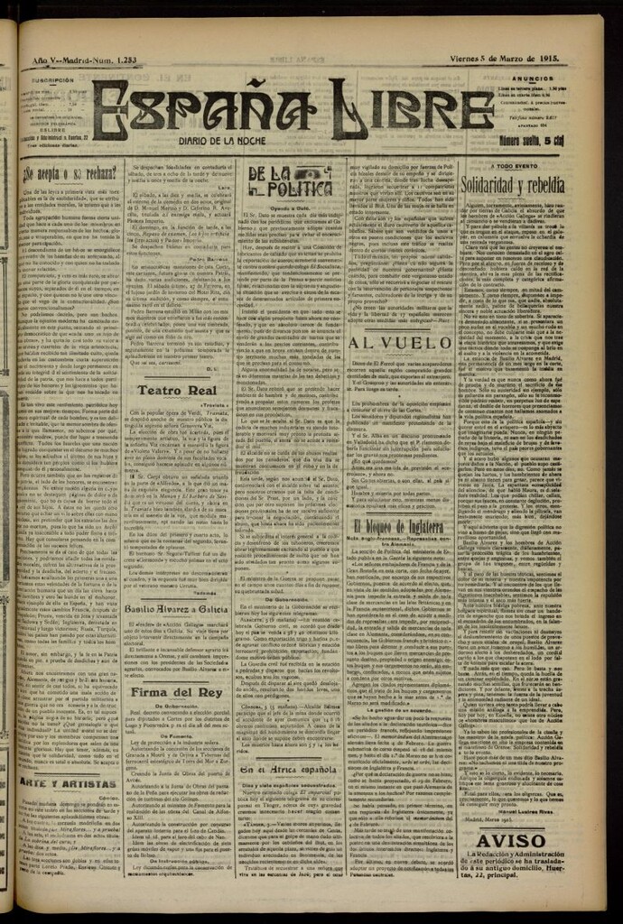 Miniatura de España Libre : Diario de la noche del 5 de marzo de 1915, nº 1253