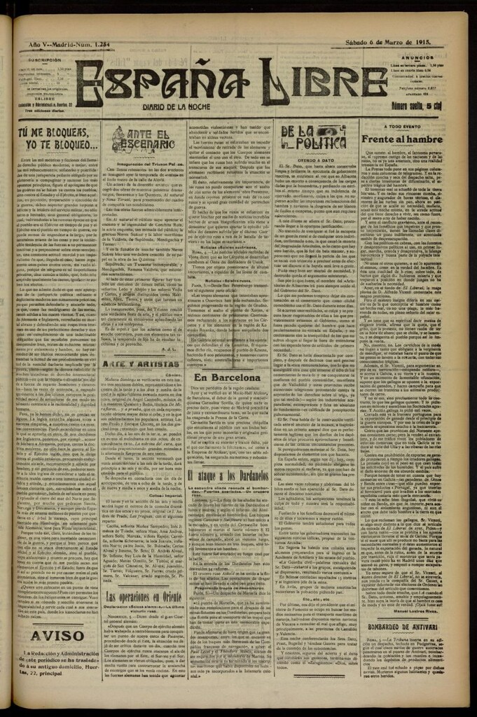 Miniatura de España Libre : Diario de la noche del 6 de marzo de 1915, nº 1254