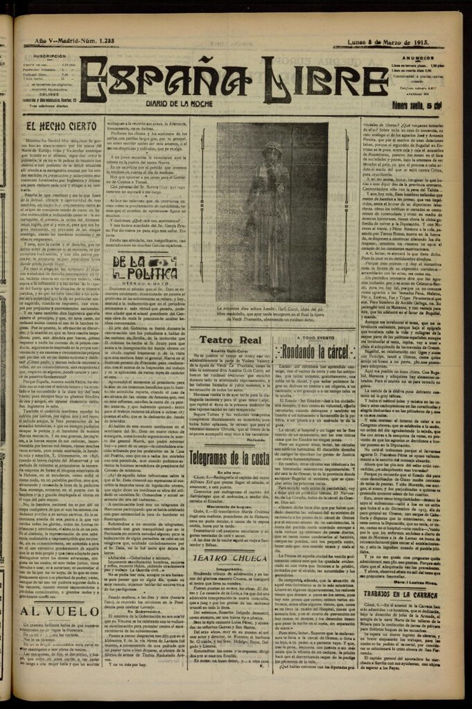Miniatura de España Libre : Diario de la noche del 8 de marzo de 1915, nº 1255