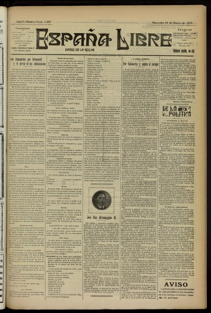 Miniatura de España Libre : Diario de la noche del 10 de marzo de 1915, nº 1257