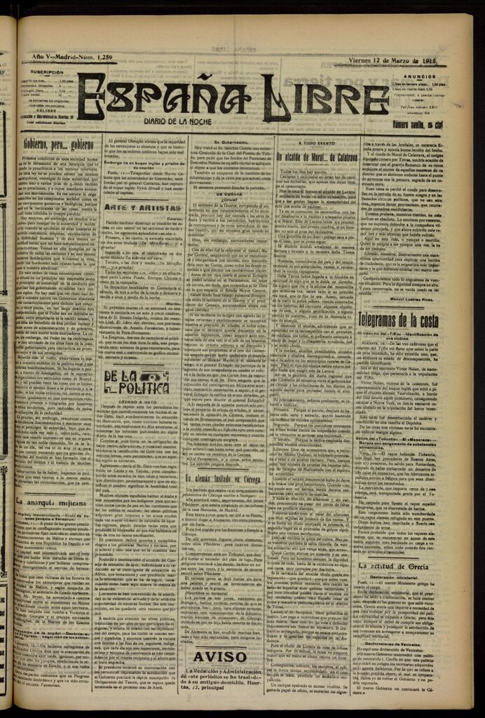 Miniatura de España Libre : Diario de la noche del 12 de marzo de 1915, nº 1259