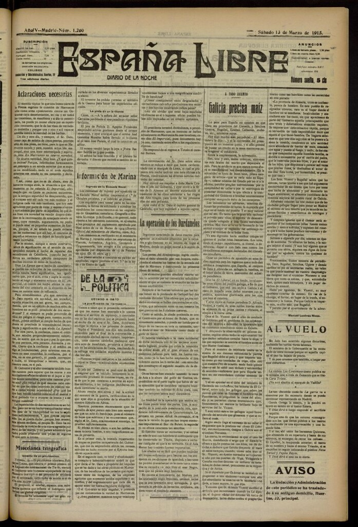 Miniatura de España Libre : Diario de la noche del 13 de marzo de 1915, nº 1260