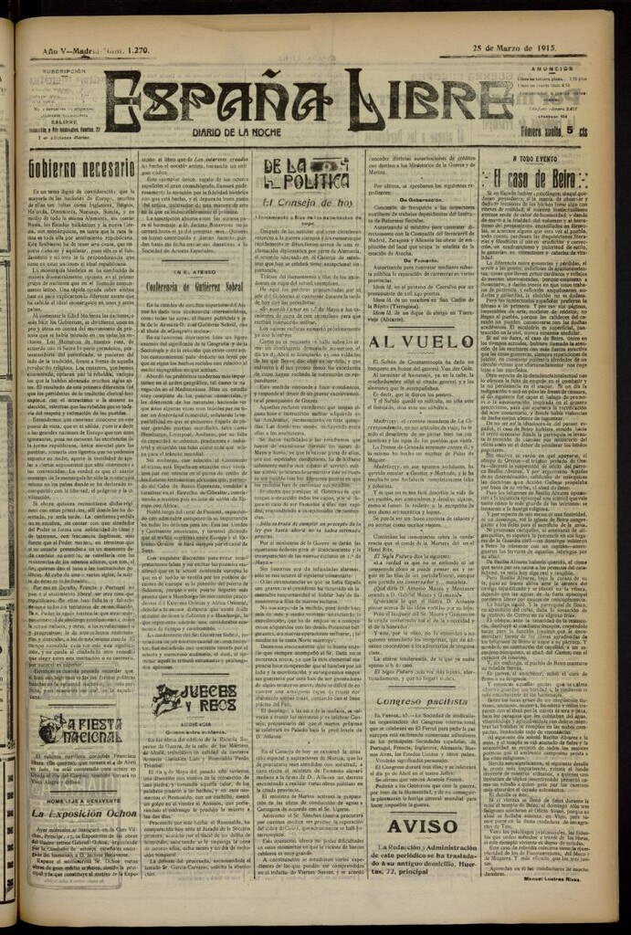 Miniatura de España Libre : Diario de la noche del 25 de marzo de 1915, nº 1270