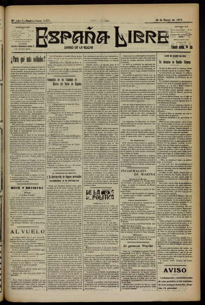 Miniatura de España Libre : Diario de la noche del 26 de marzo de 1915, nº 1271