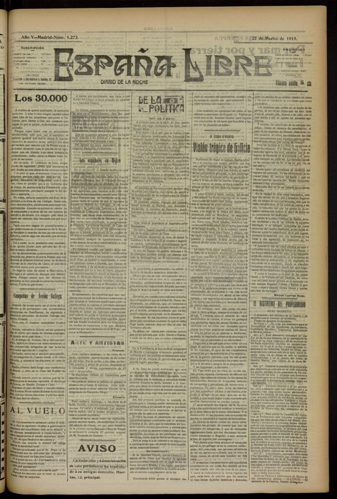 Miniatura de España Libre : Diario de la noche del 27 de marzo de 1915, nº 1272