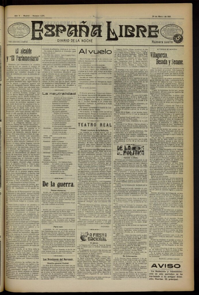 Miniatura de España Libre : Diario de la noche del 29 de marzo de 1915, nº 1270 [sic]