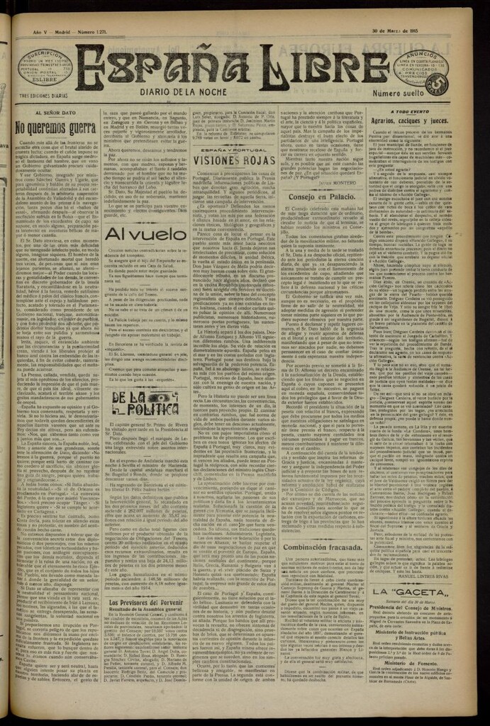 Miniatura de España Libre : Diario de la noche del 30 de marzo de 1915, nº 1271 [sic]