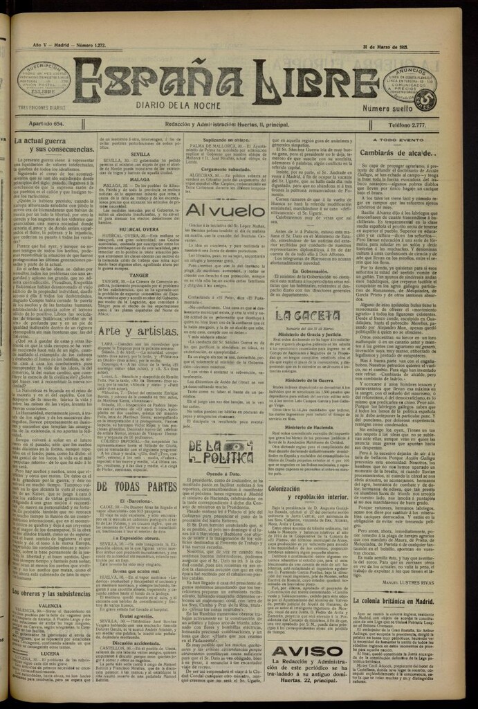 Miniatura de España Libre : Diario de la noche del 31 de marzo de 1915, nº 1272 [sic]