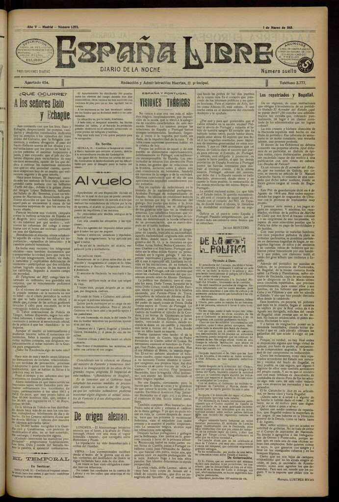 Miniatura de España Libre : Diario de la noche del 1 de abril de 1915, nº 1273 [sic]