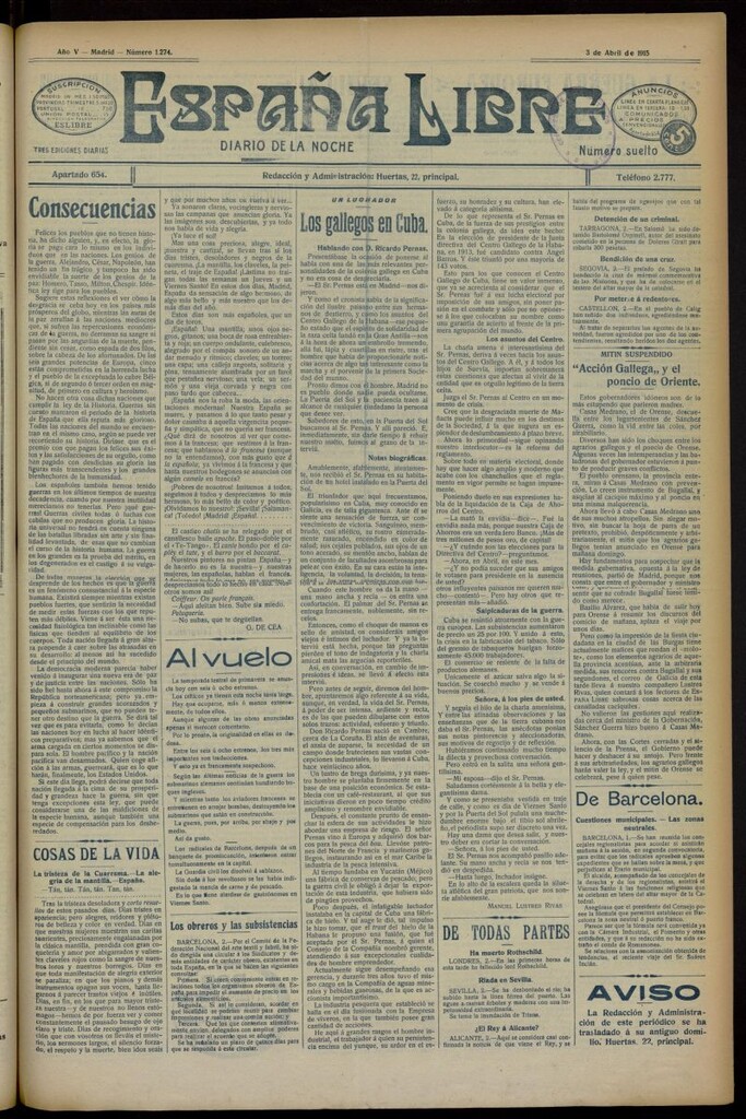 Miniatura de España Libre : Diario de la noche de 3 de abril de 1915, nº 1274