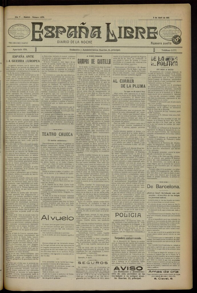 Miniatura de España Libre : Diario de la noche del 8 de abril de 1915, nº 1278