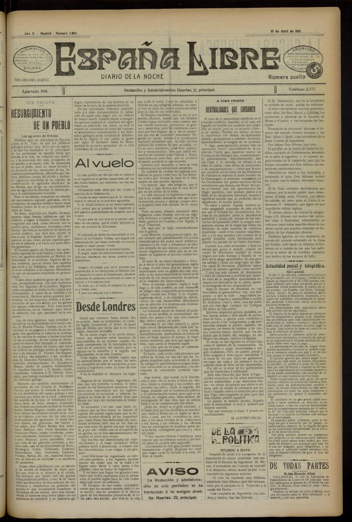 Miniatura de España Libre : Diario de la noche del 10 de abril de 1915, nº 1280