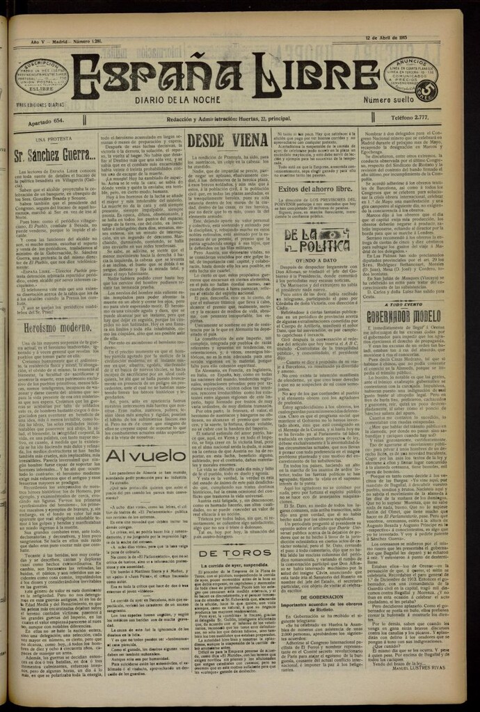 Miniatura de España Libre : Diario de la noche del 12 de abril de 1915, nº 1281