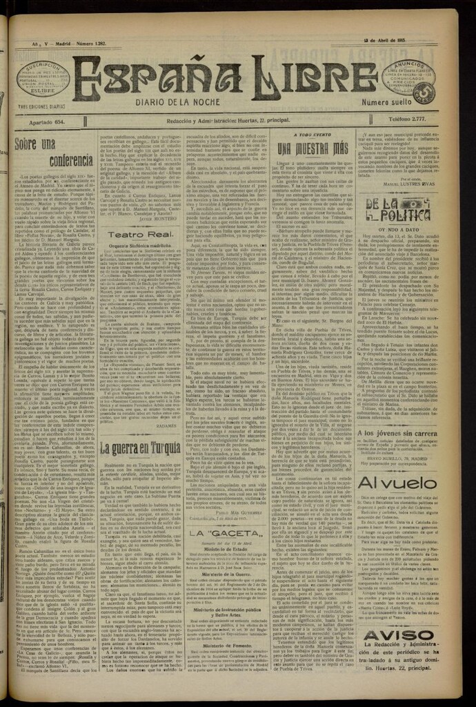 Miniatura de España Libre : Diario de la noche del 13 de abril de 1915, nº 1282